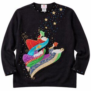 Vintage Quacker Factory Black Three Kings Sequin Christmas Holiday Sweater 1X